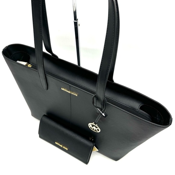 Michael Kors Medium Jet Set Travel Zip Tote Bag & Trifold Wallet Black/Gold - Picture 10 of 13